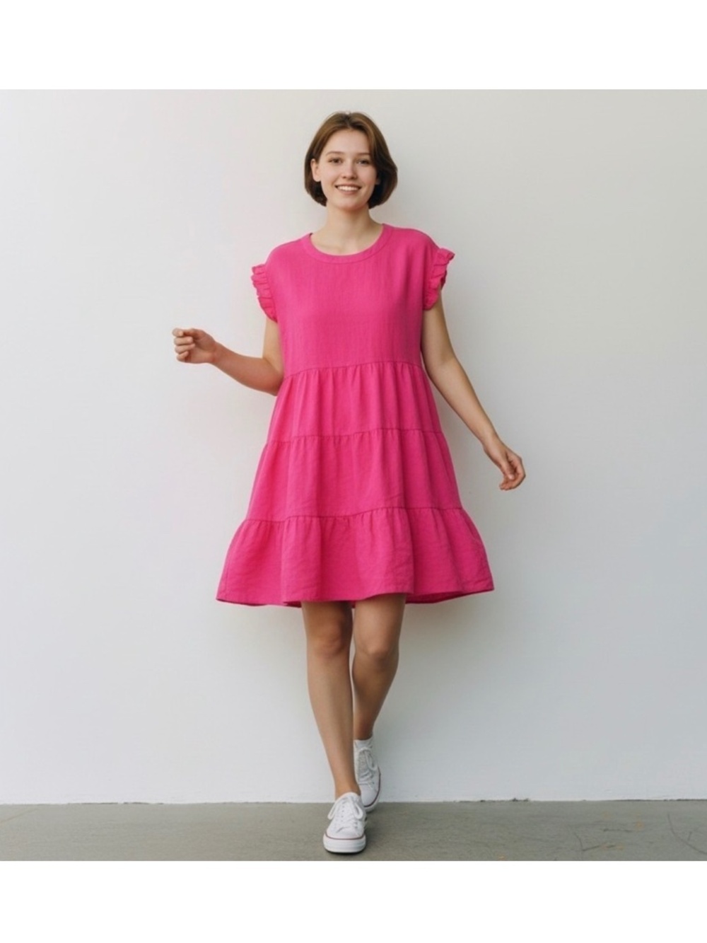 Red Linen Blend Tiered Shift Mini Dress